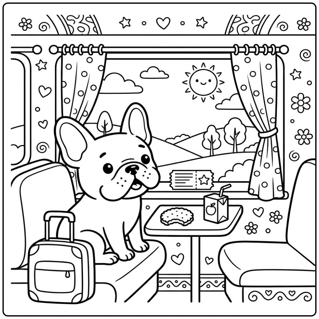 Cheerful French Bulldog in a Treincoup coloring page