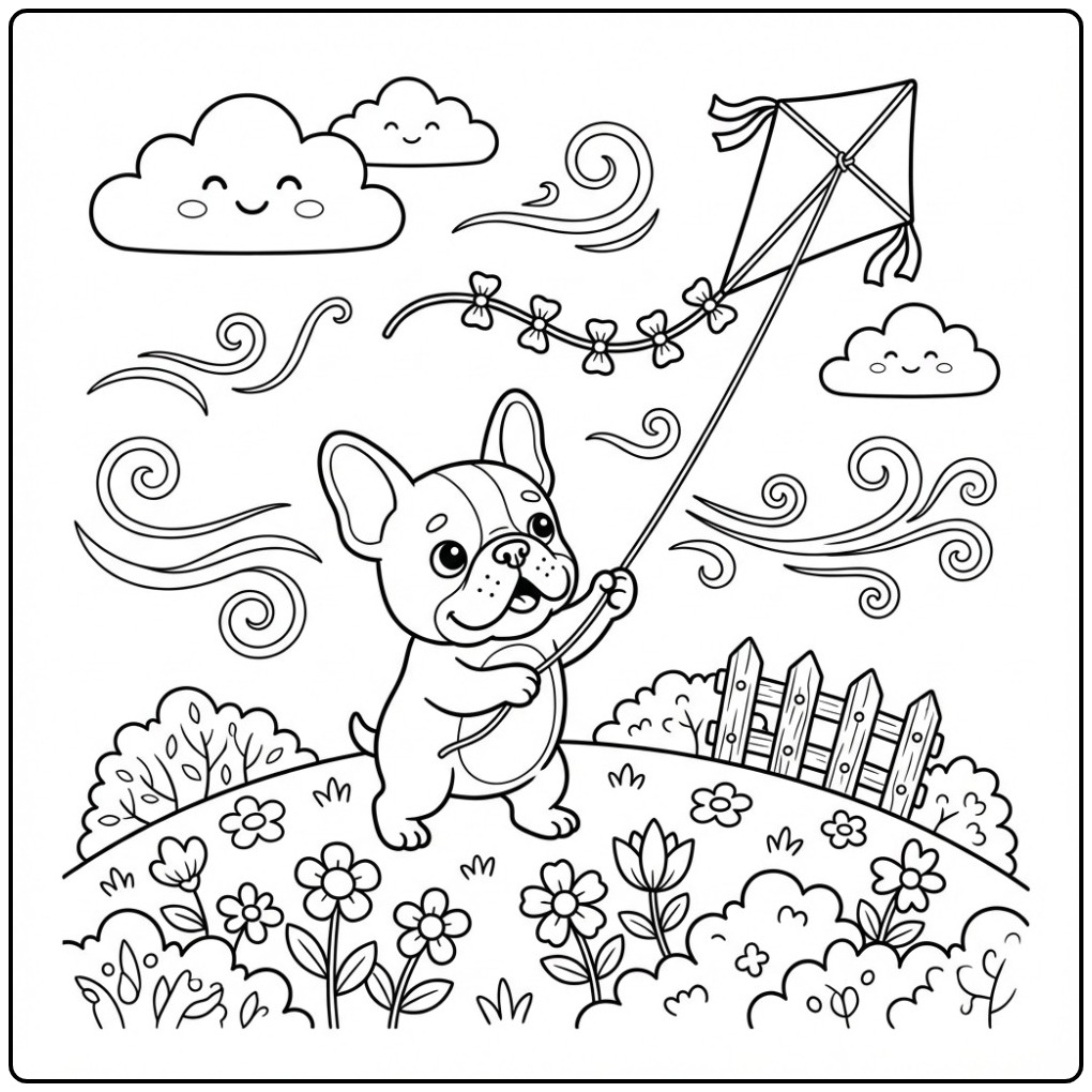 Cheerful French Bulldog with a Kite in the Wind coloring page