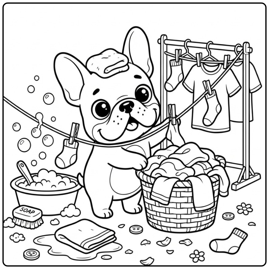 Cheerful French Bulldog with a Full Wasmand coloring page