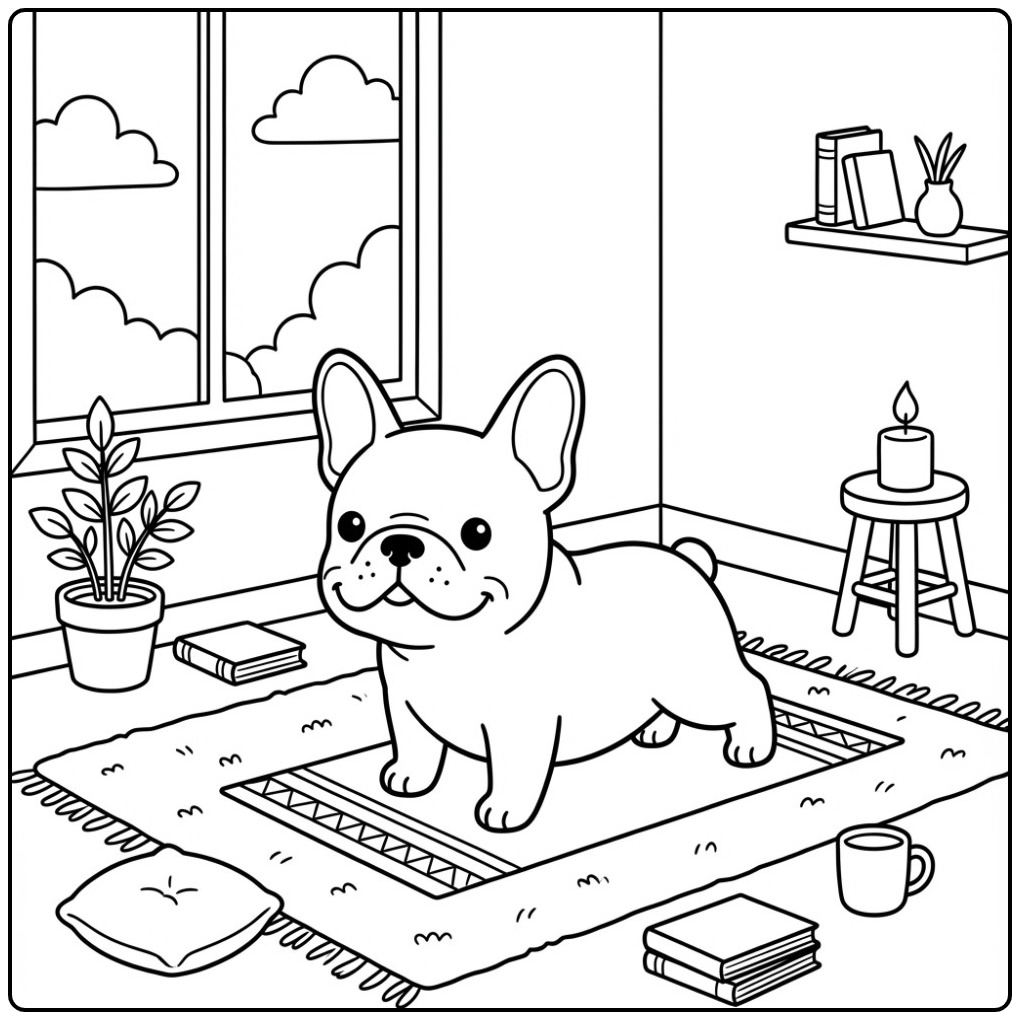 Cheerful French Bulldog Standing on a Beautiful Dress coloring page
