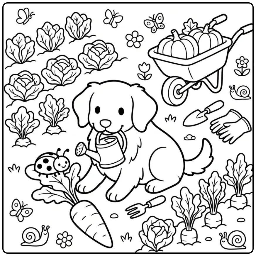Frisian Stabyhoun coloring page helping with gardening