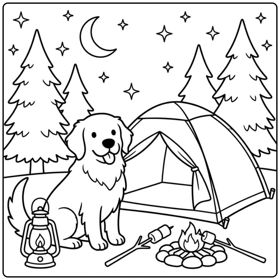 Cheerful Golden Retriever with a Campfire and Tent coloring page