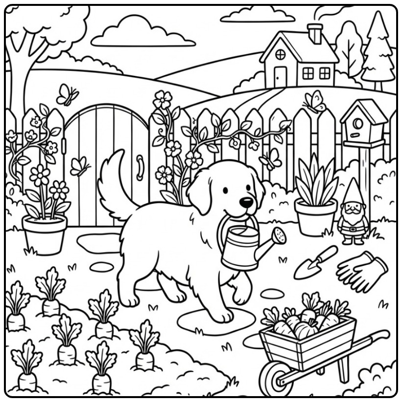 Cheerful Golden Retriever Helping with Gardening coloring page