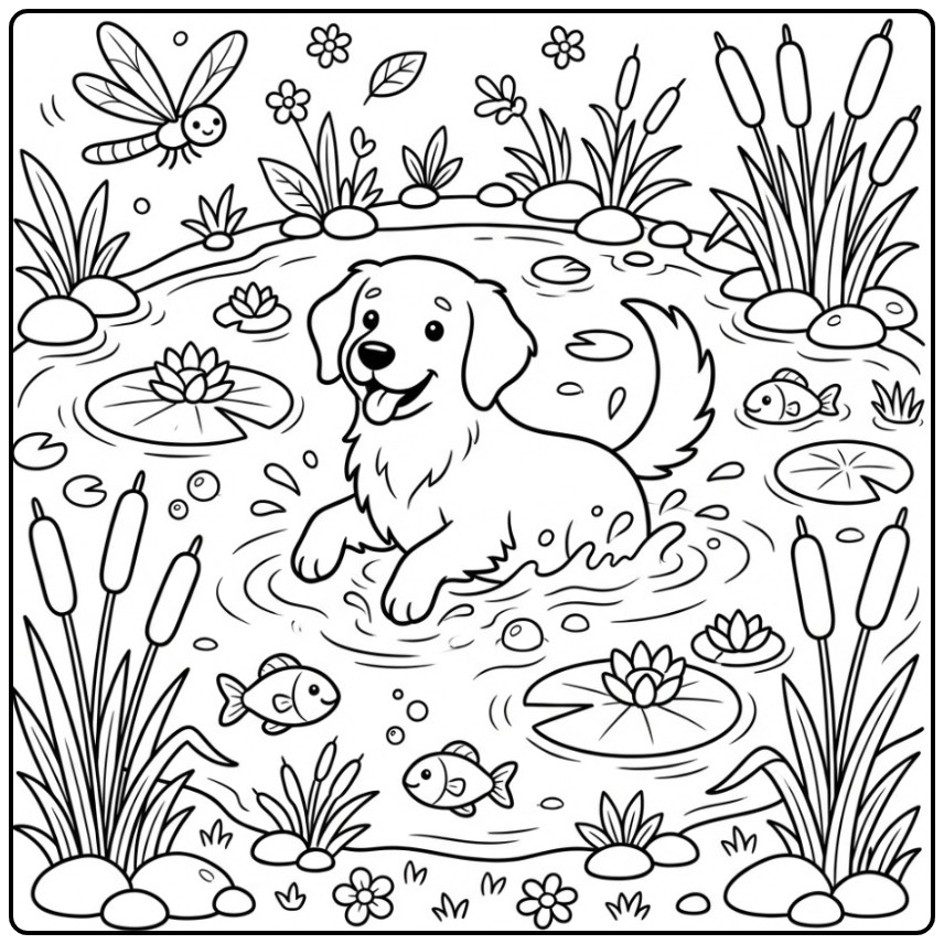 Cheerful Golden Retriever Enjoying the Water coloring page
