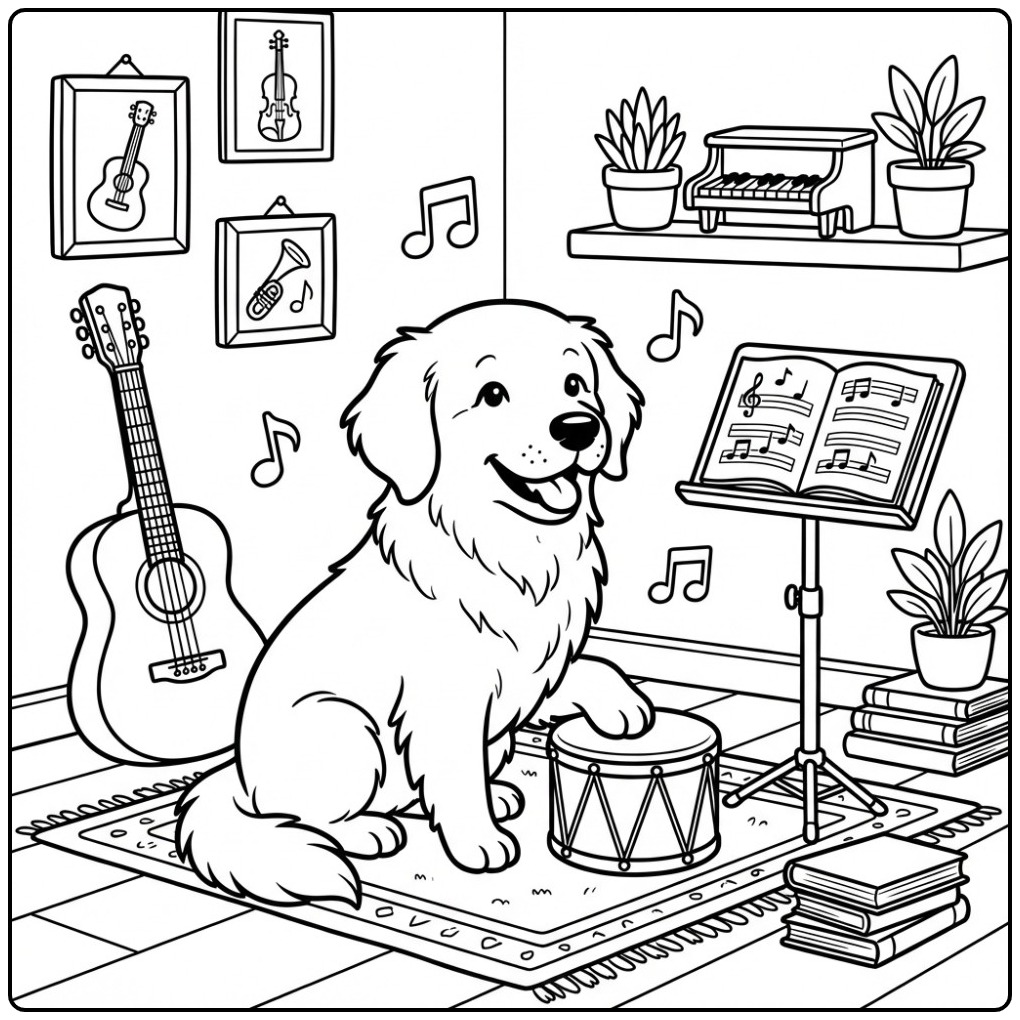 Cheerful Golden Retriever with Instruments coloring page