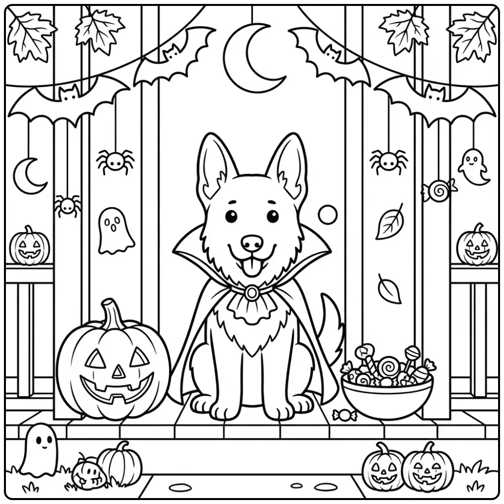 Dutch Shepherd Halloween Dog Dressed as a Vampire coloring page