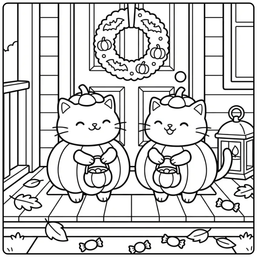 Halloween Cat coloring page in costume on a porch