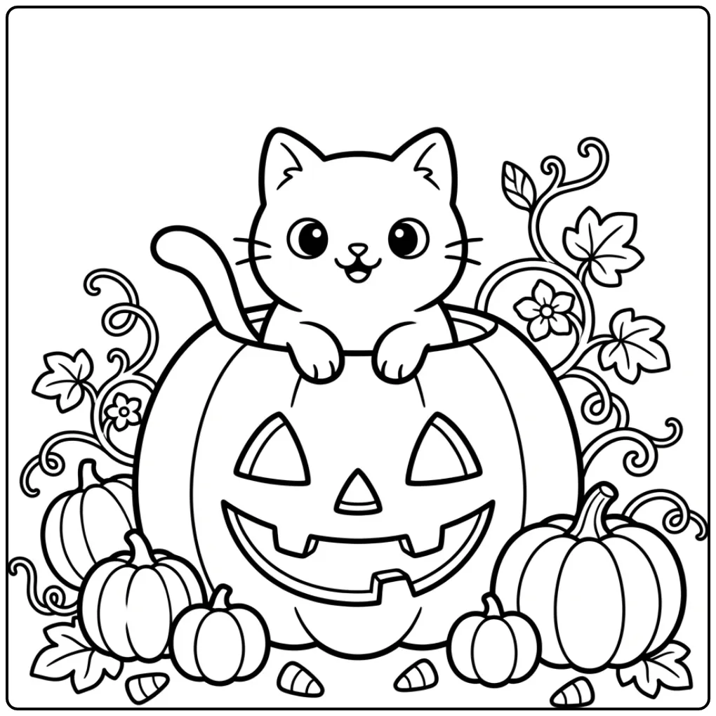 Halloween Cat coloring page in a large pumpkin