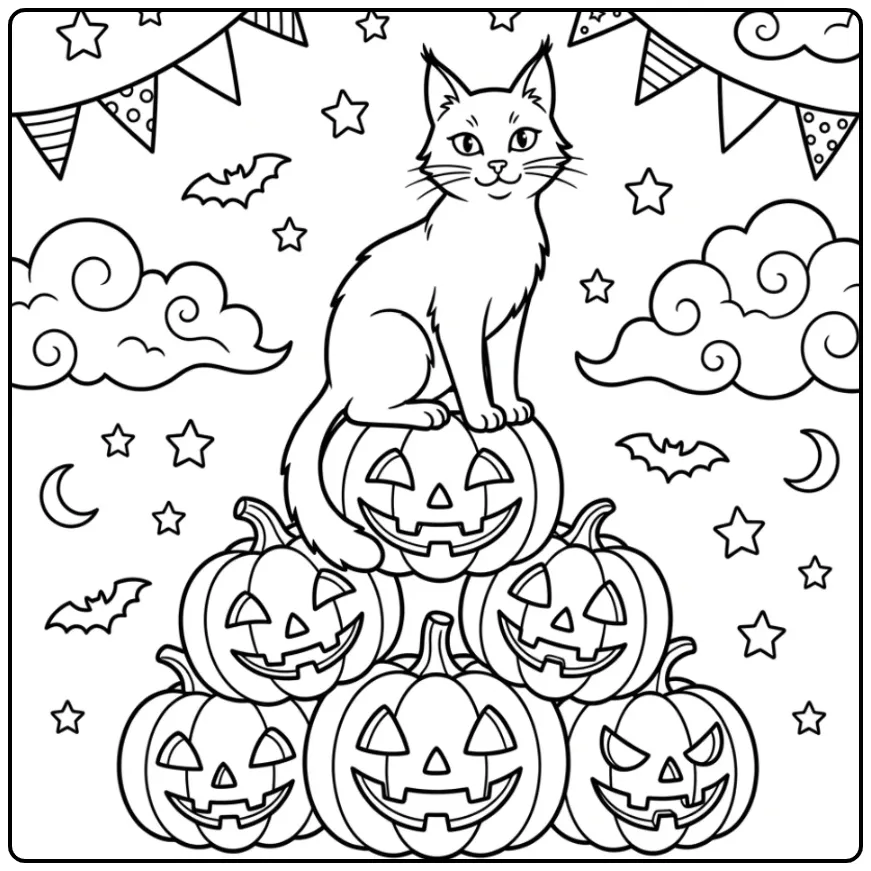 Halloween Cat coloring page on a stack of pumpkins