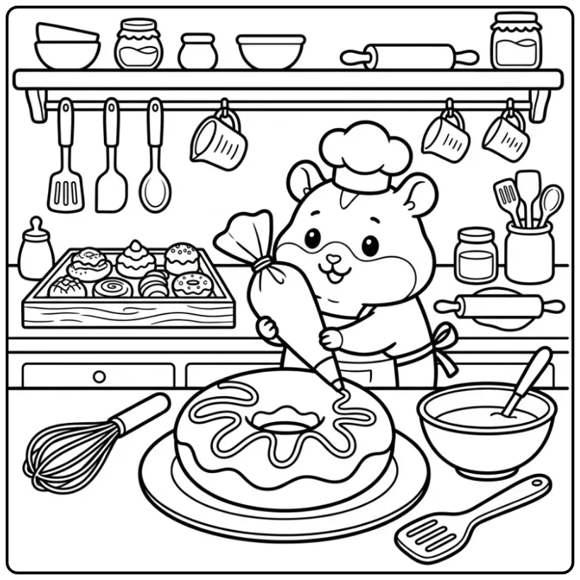 Hamster coloring page decorating a large donut