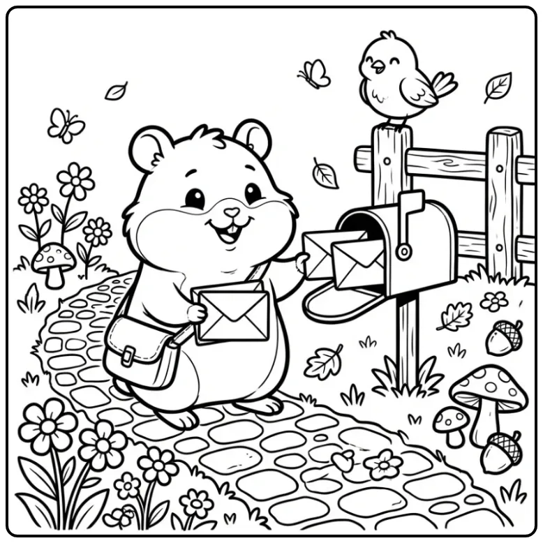 Hamster coloring page delivering mail with a bag