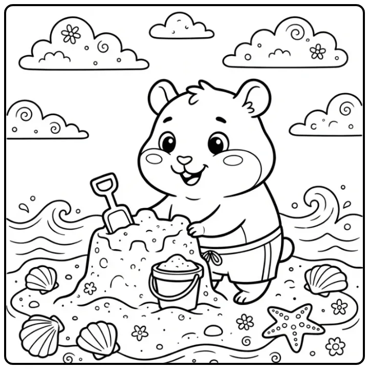 Hamster coloring page with bucket and shovel