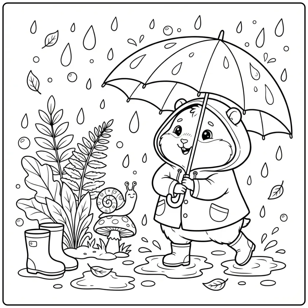 Hamster coloring page with raincoat and umbrella