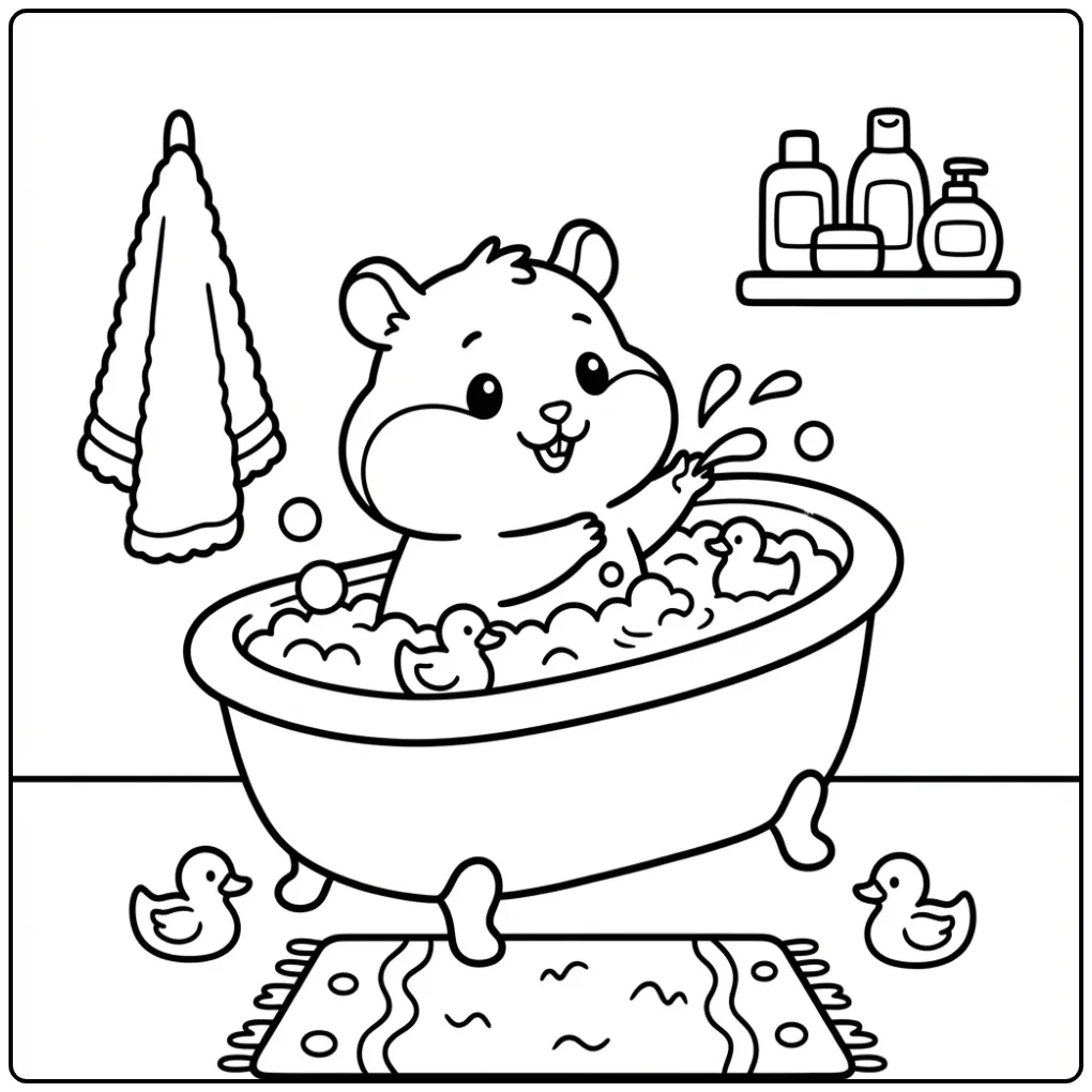 Hamster coloring page splashing in a small bath
