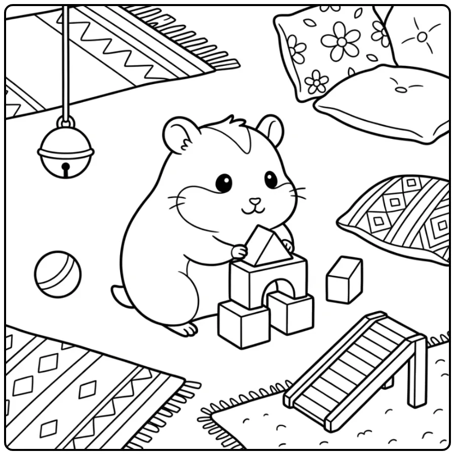 Hamster coloring page playing with wooden blocks