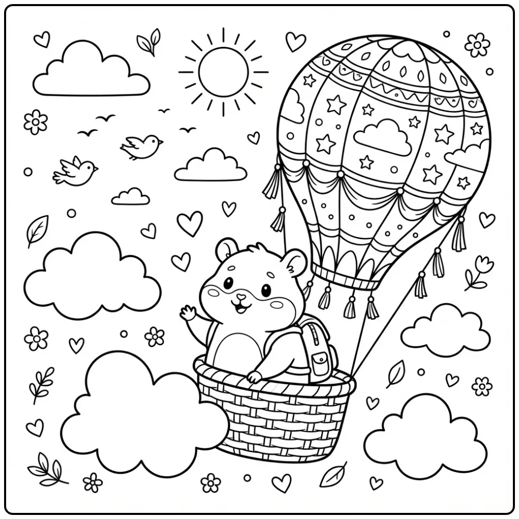 Hamster coloring page floating in a hot air balloon