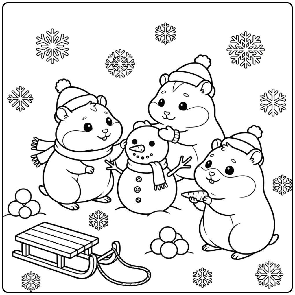 Hamster coloring page with three hamsters in the snow
