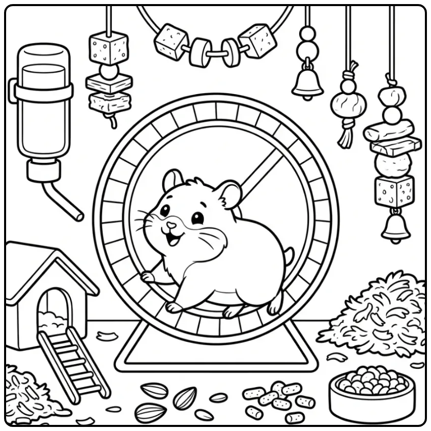 Hamster coloring page running in an exercise wheel