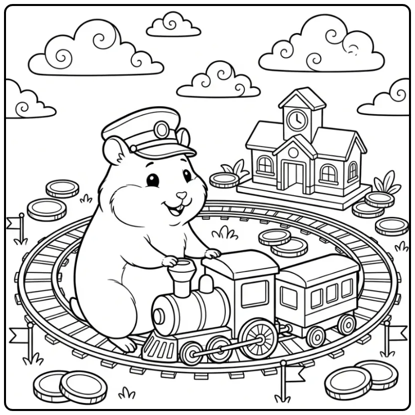 Hamster coloring page in a toy train on tracks