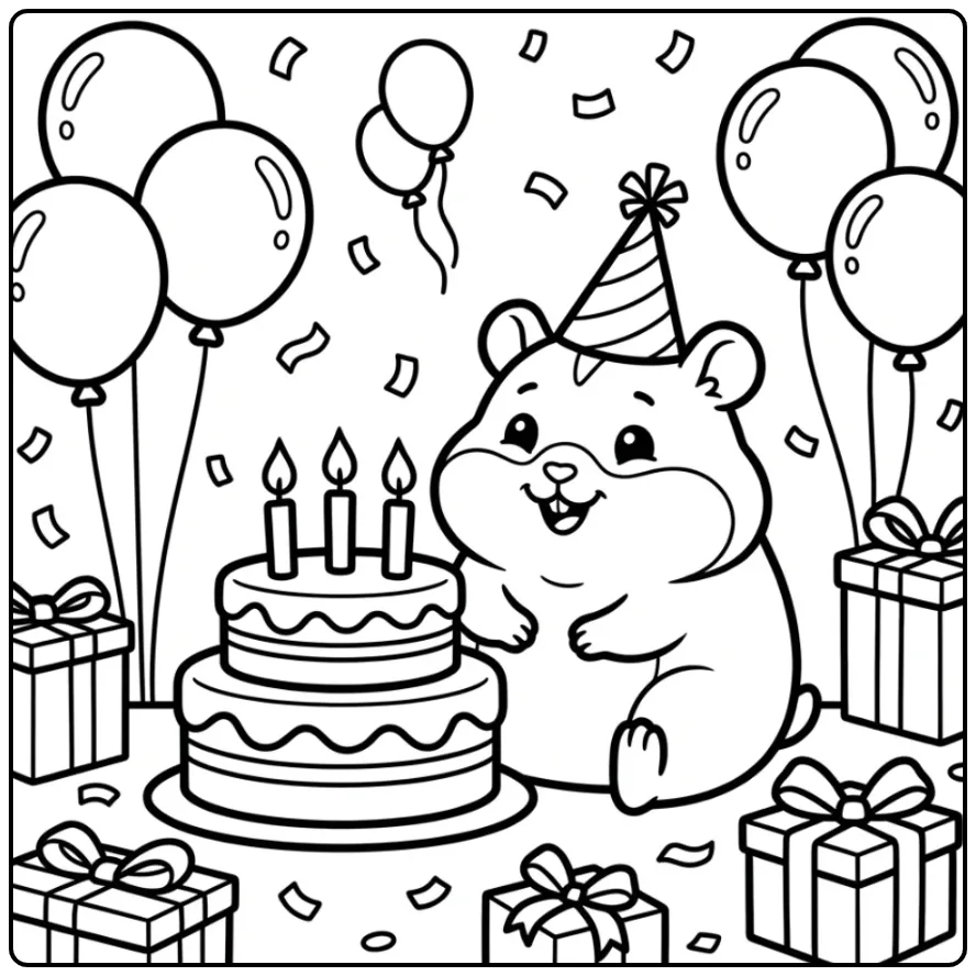 Cute Hamster coloring page with birthday cake