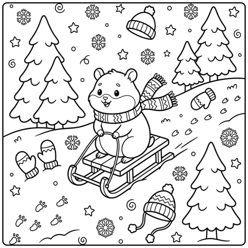 Hamster coloring page sledding in the snow