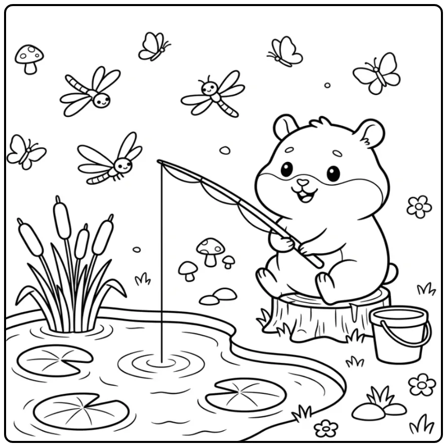 Hamster coloring page fishing by a pond with lilies