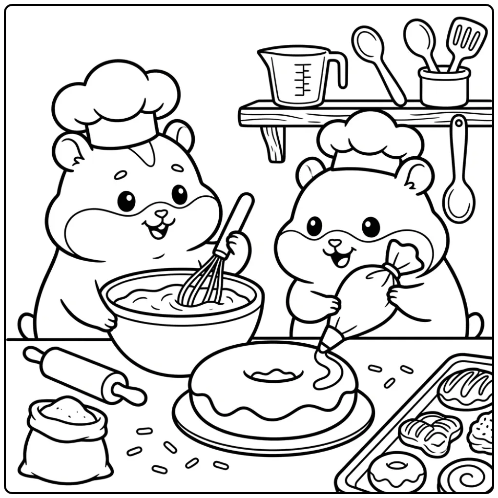 Hamsters coloring page baking together in the kitchen