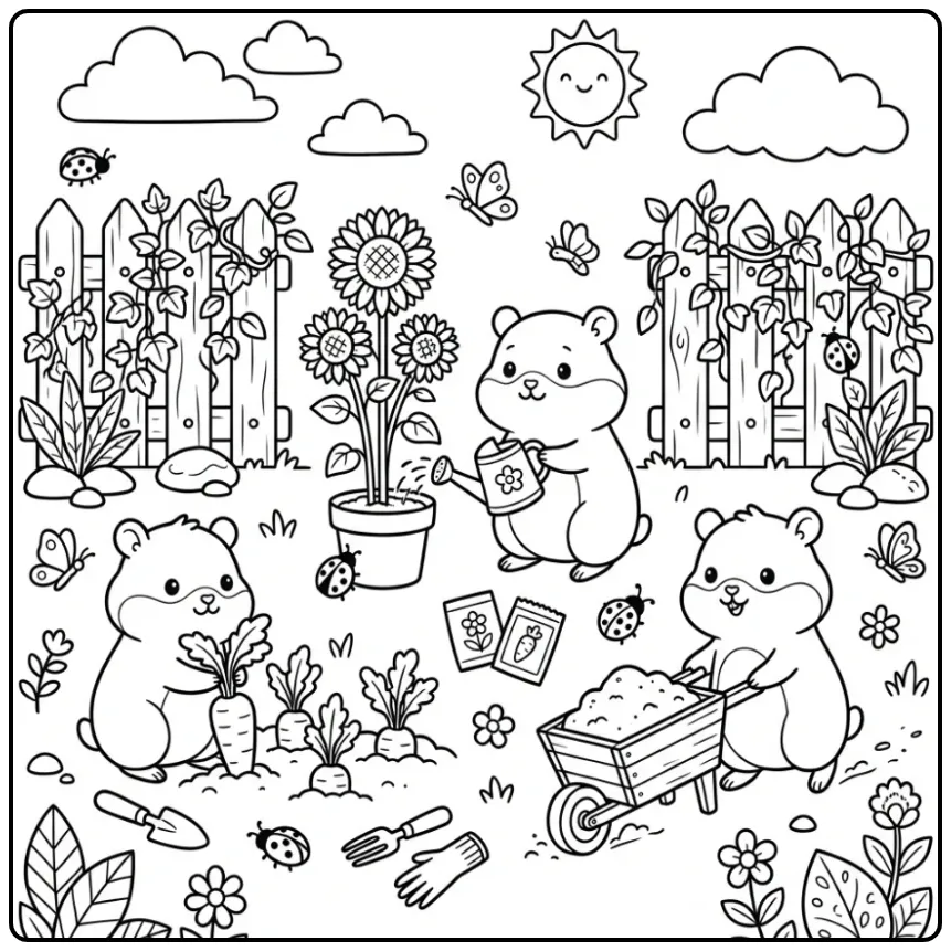Hamsters coloring page working together in the garden