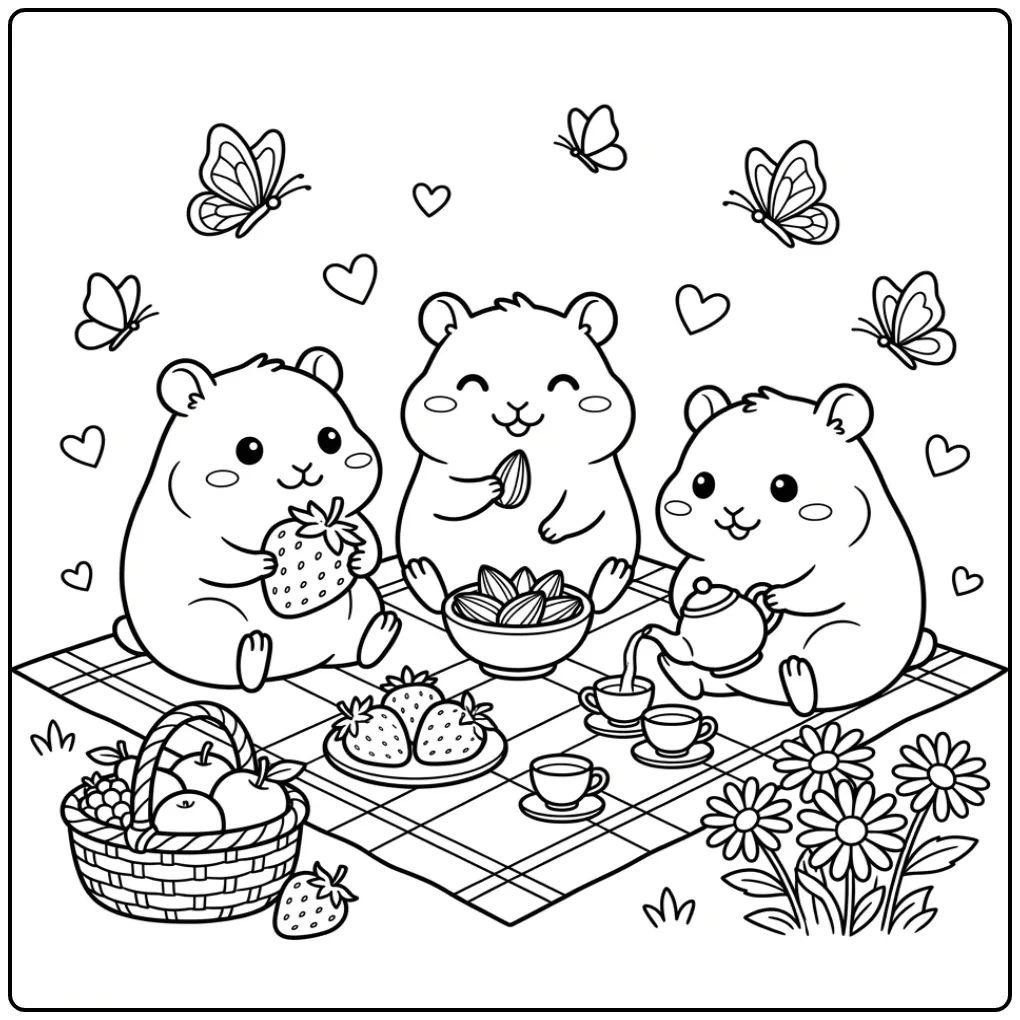 Hamsters coloring page during a cozy picnic