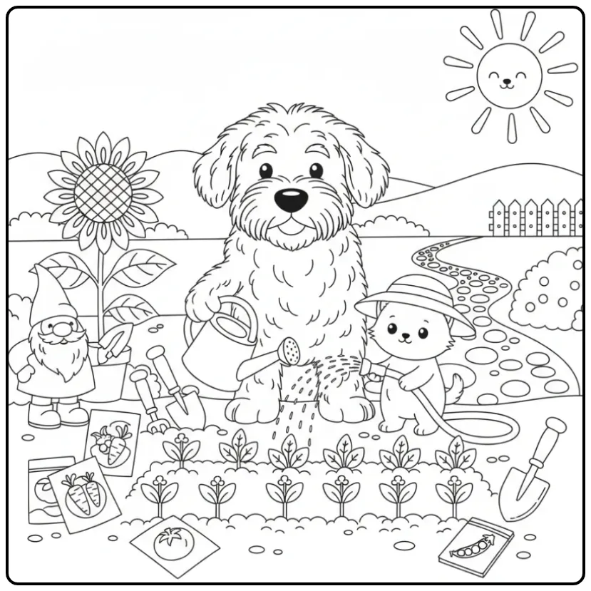 Wetterhoun and Kitten Watering the Garden coloring page