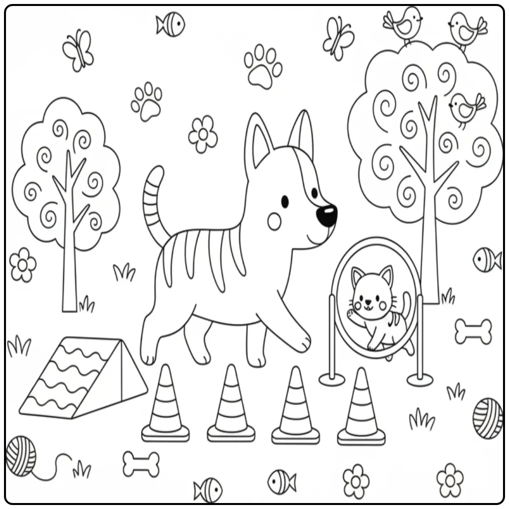 Dutch Shepherd and Kitten on an Obstacle Course coloring page