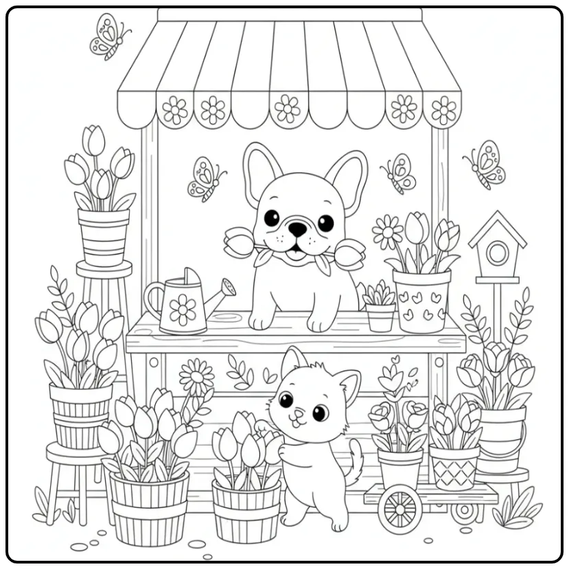 French Bulldog and Kitten at a Flower Stand coloring page