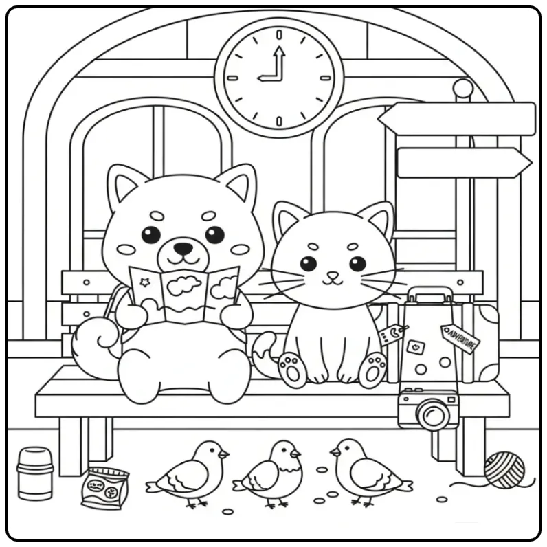 Shiba Inu and Kitten Waiting at a Train Station coloring page