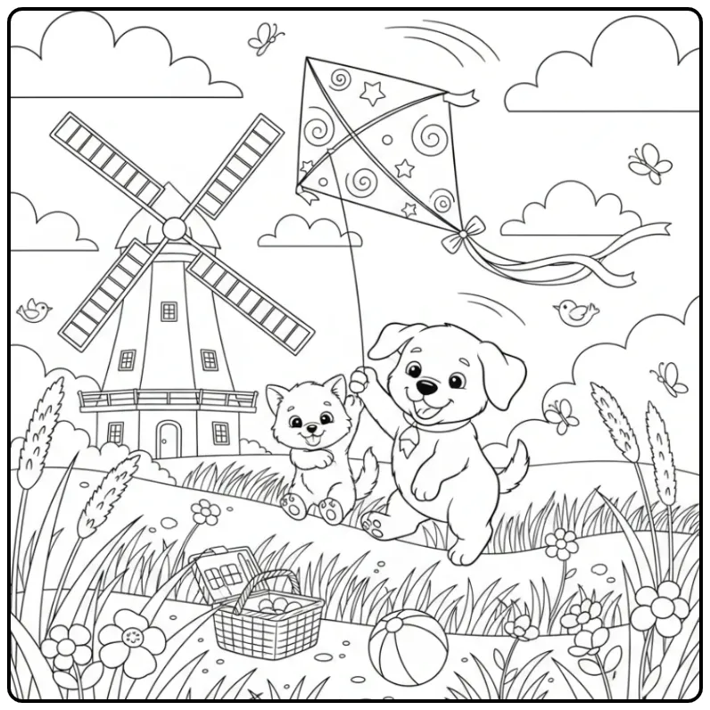 Labrador Puppy and Kitten Flying a Kite coloring page