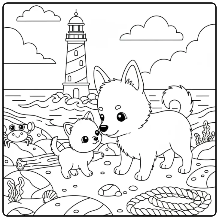 Schipperke and Kitten Exploring the Coast coloring page