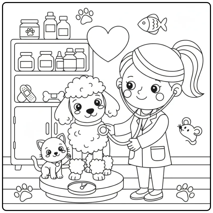 Poodle and Kitten Visiting the Veterinarian coloring page