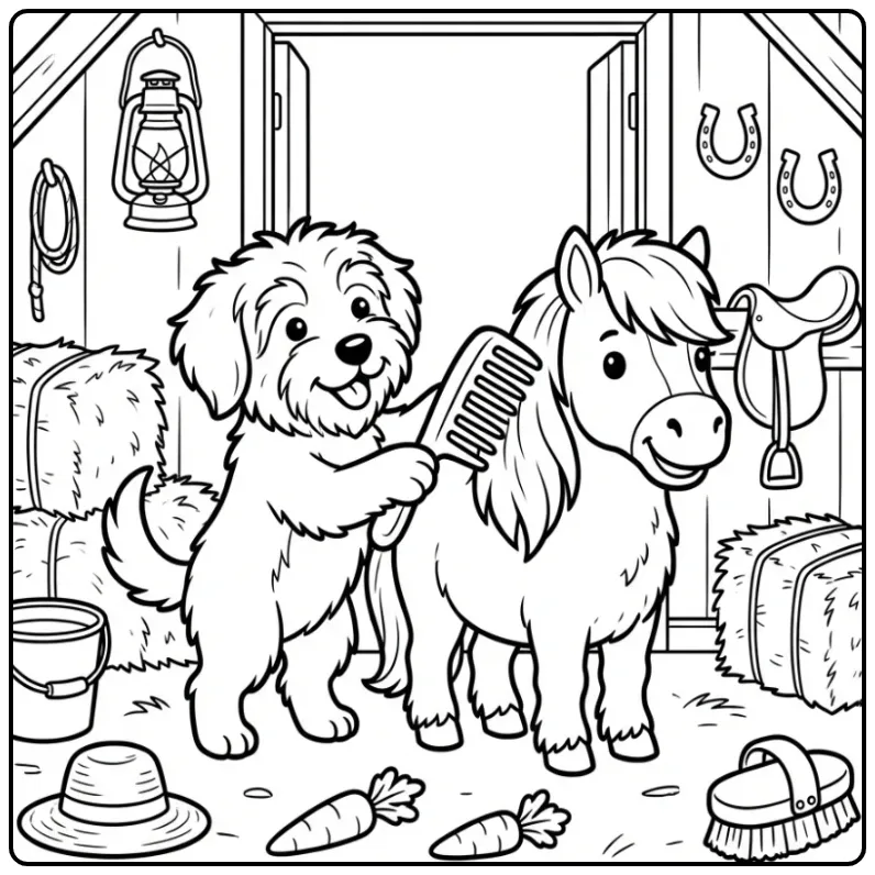 Smoushond Grooming a Pony in a Stable coloring page