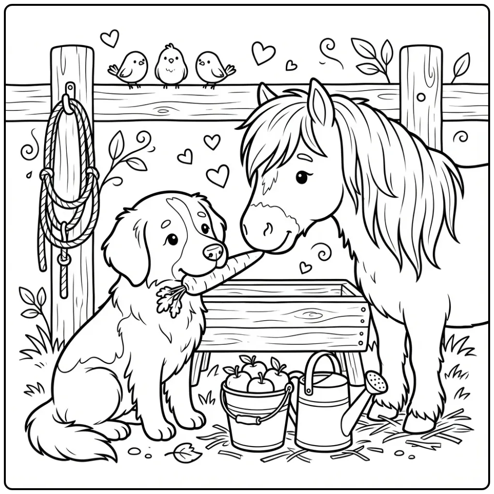 Drentsche Patrijshond Sharing a Carrot with a Pony coloring page