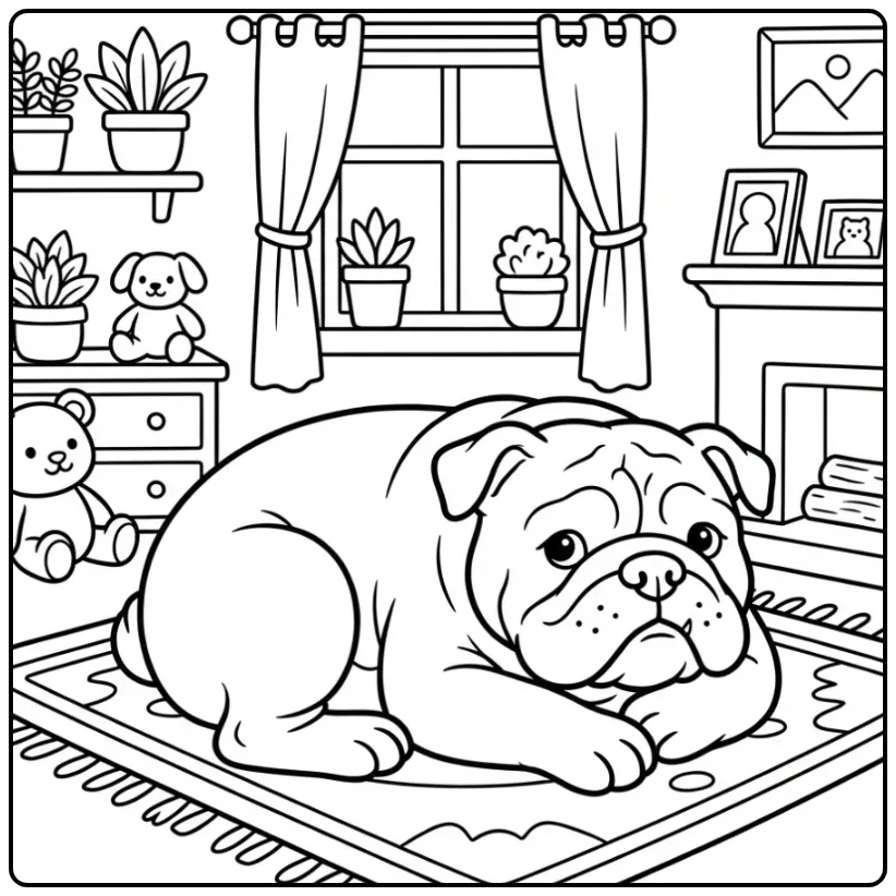 Cheerful English Bulldog Among Toys coloring page