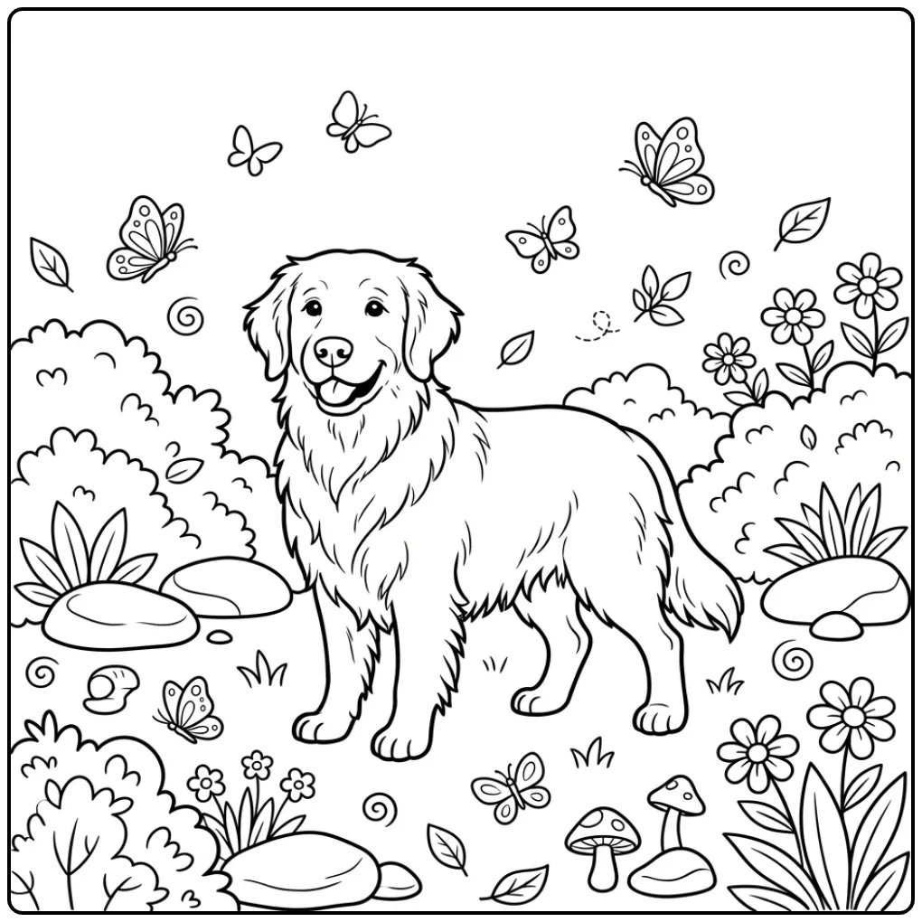 Cheerful Golden Retriever in the Garden coloring page