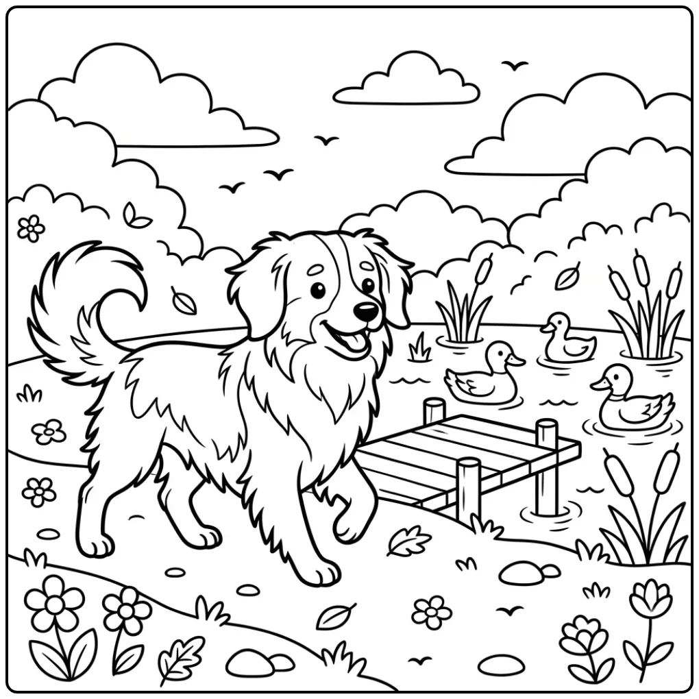 Cheerful Kooikerhondje by the Water coloring page