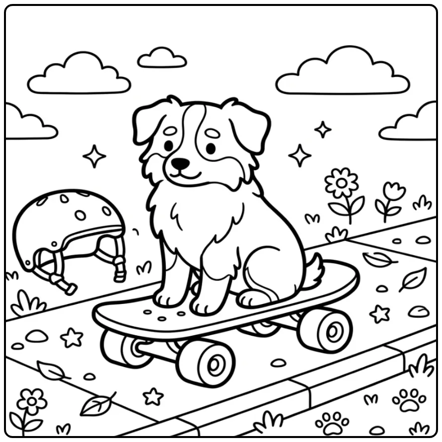 Australian Shepherd Sitting on a Skateboard coloring page
