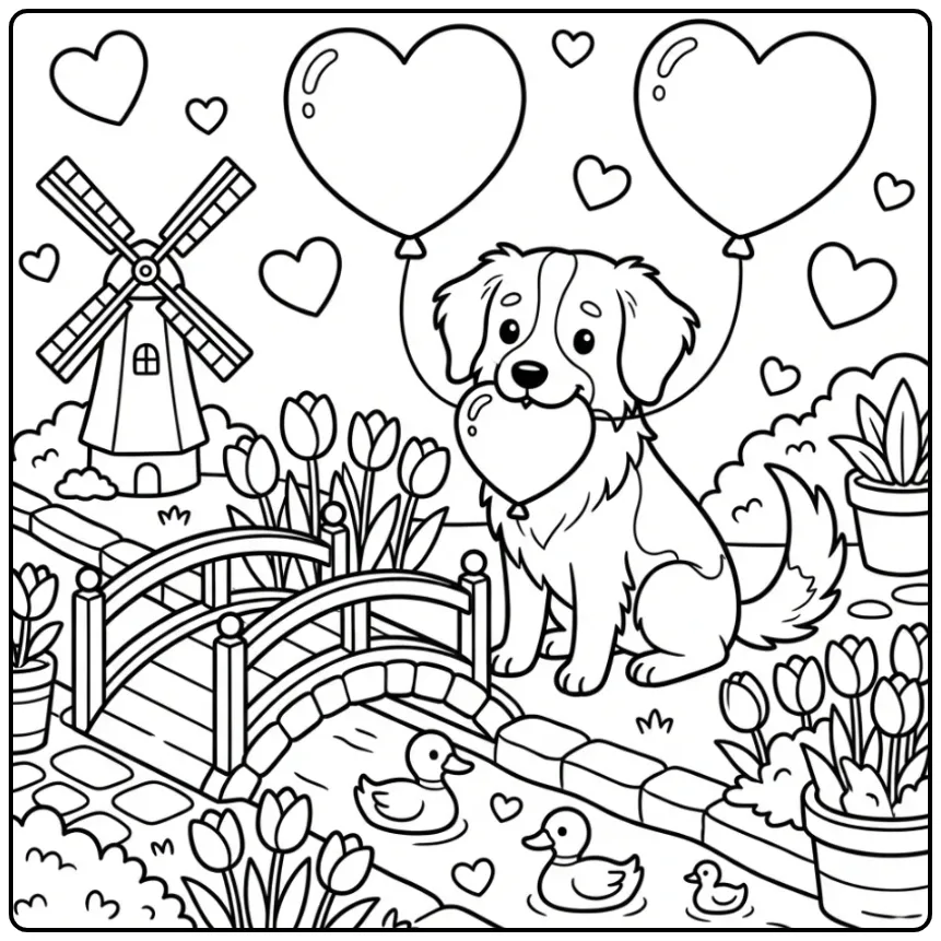 Kooikerhondje with a Heart Balloon by a Canal coloring page