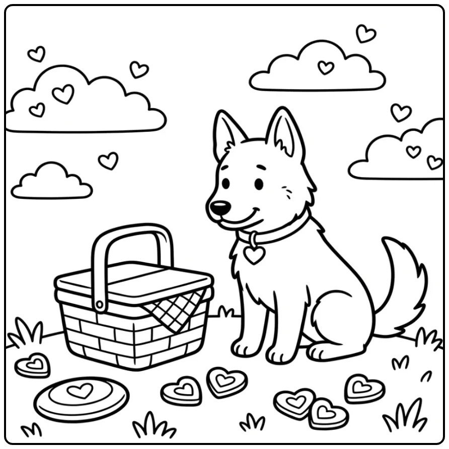 Dutch Shepherd Guarding a Picnic Basket with Hearts coloring page