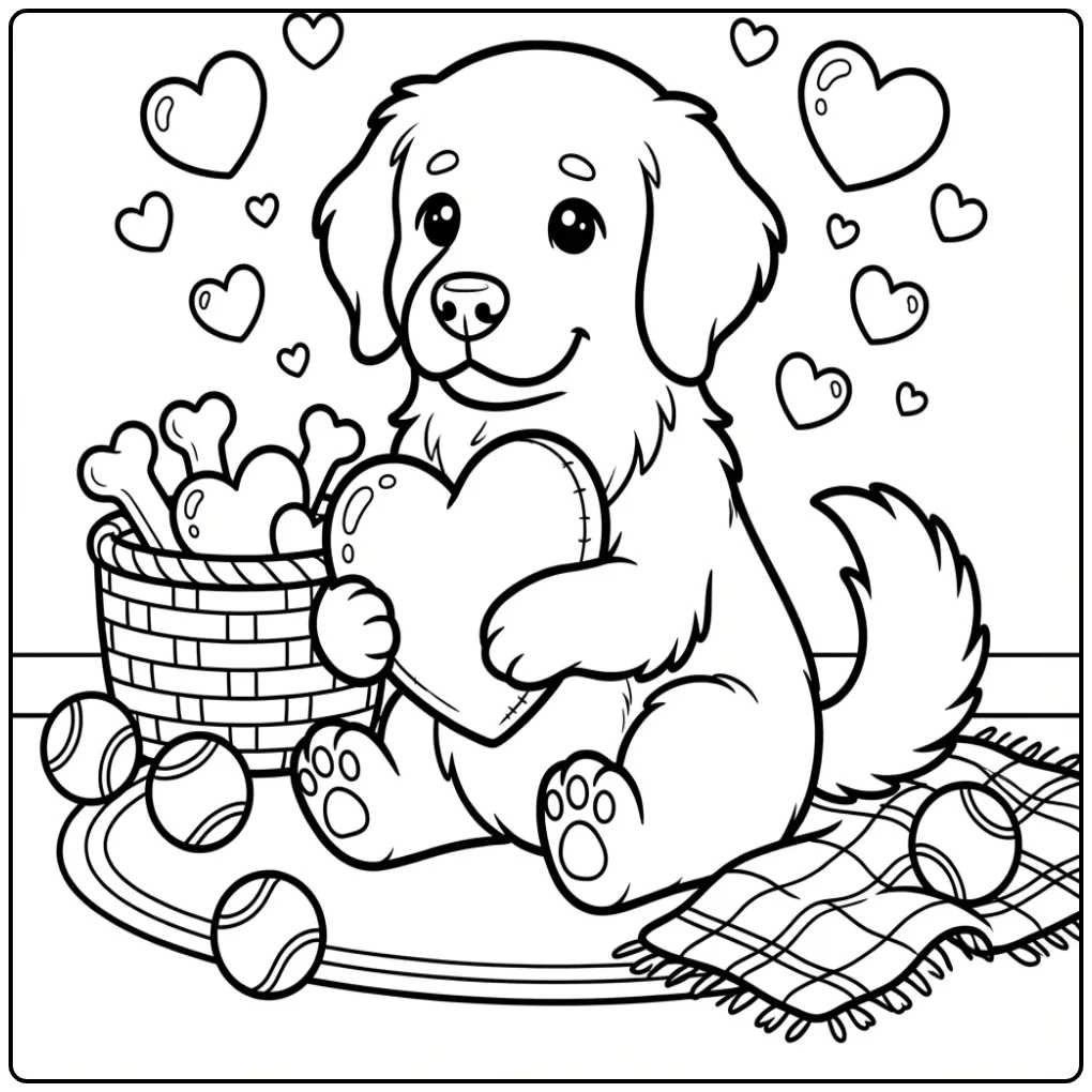 Golden Retriever Holding a Heart Plush Toy coloring page