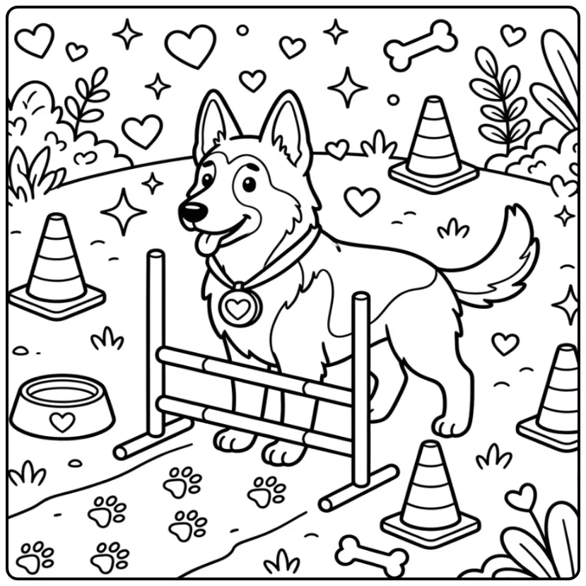 German Shepherd with a Heart-Shaped Medal coloring page
