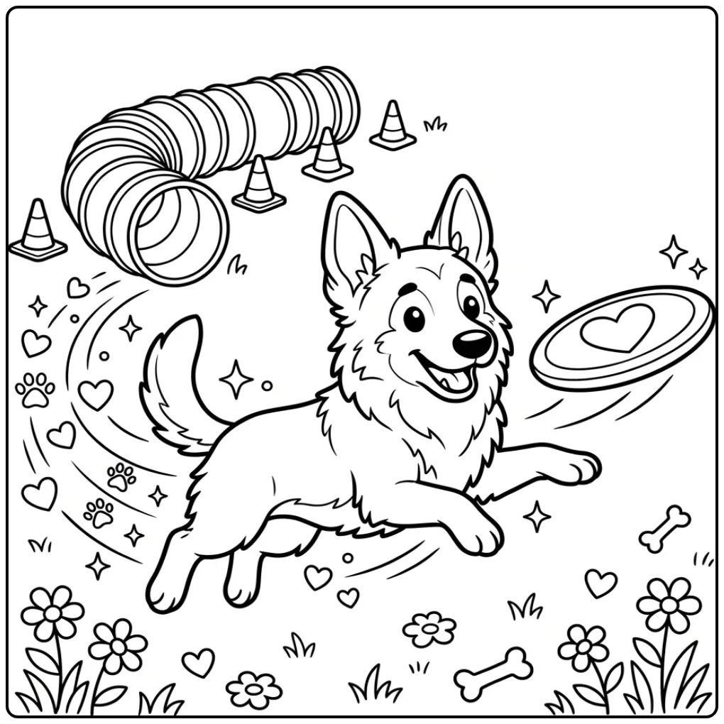 Belgian Malinois Catching a Heart Frisbee coloring page