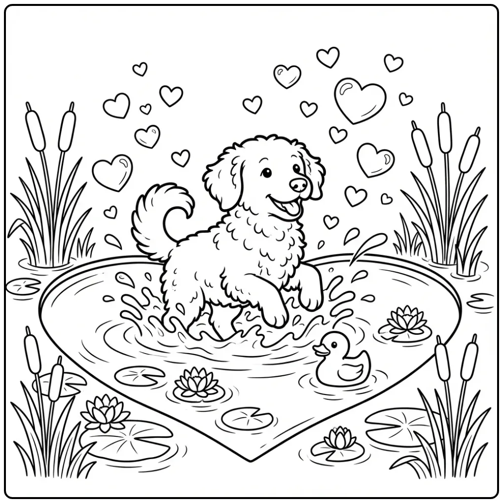 Wetterhoun Splashing in a Heart-Shaped Puddle coloring page
