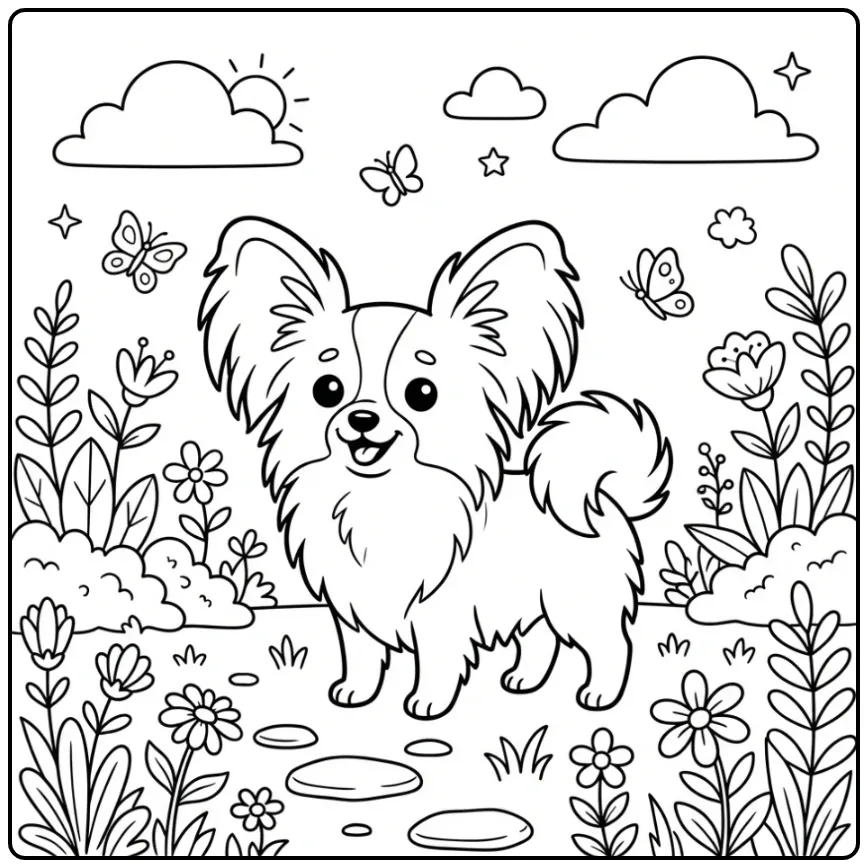 Cheerful Papillon in a Garden with Butterflies coloring page