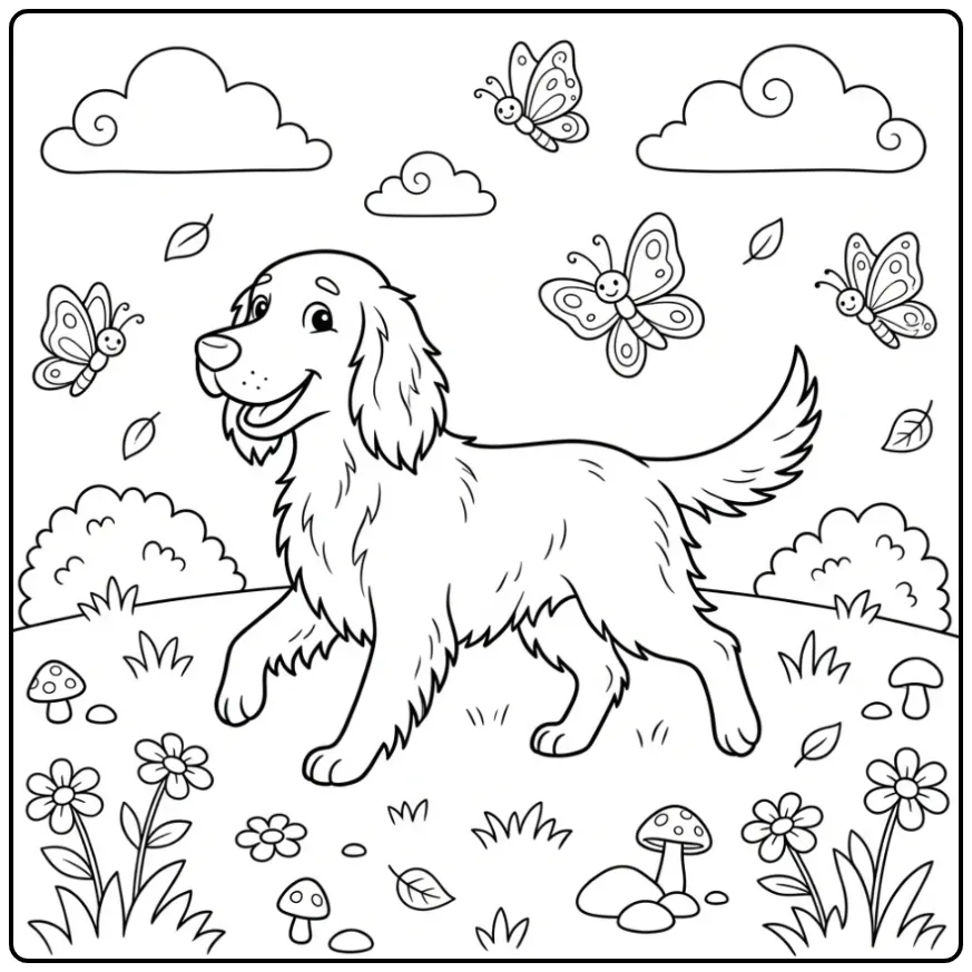 Cheerful Cute Dog in a Meadow with Butterflies coloring page